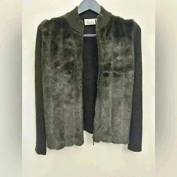 Y2K Kathie Lee Faux Fur Front Ribbed Back Jacket Women's Brown Long Sleeve Size8 - Picture 4 of 5